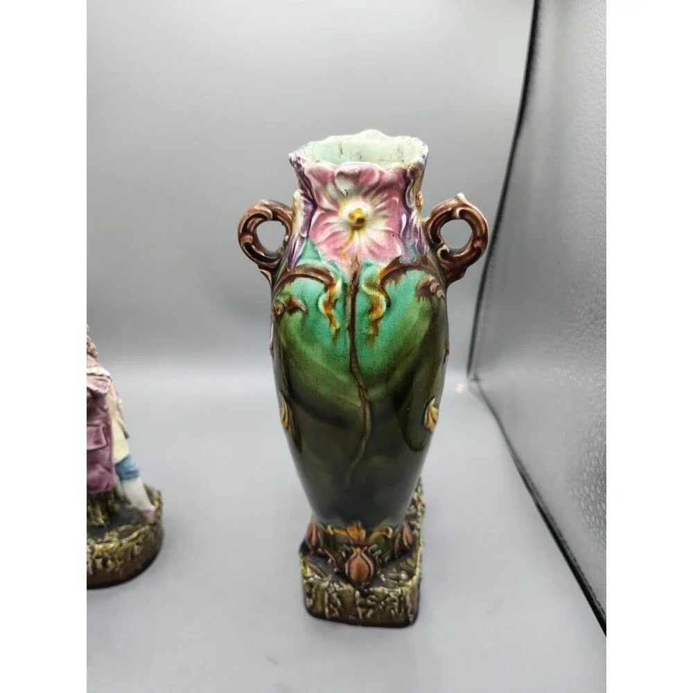 2-antique 1890's ~MAJOLICA old Victorian-era HAND-PAINTED vases. Ladies Arm Brok